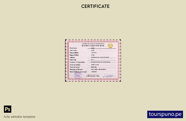 listo para imprimir plantilla PSD de certificado de nacimiento de registro civil